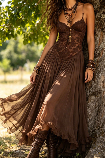 Vestido largo en gasa y encaje