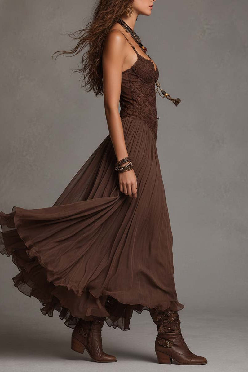 Vestido largo en gasa y encaje