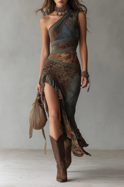 Vestido largo asimétrico estampado con abertura - Gris
