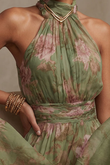 Vestido largo de gasa floral con cuello halter - Rosa