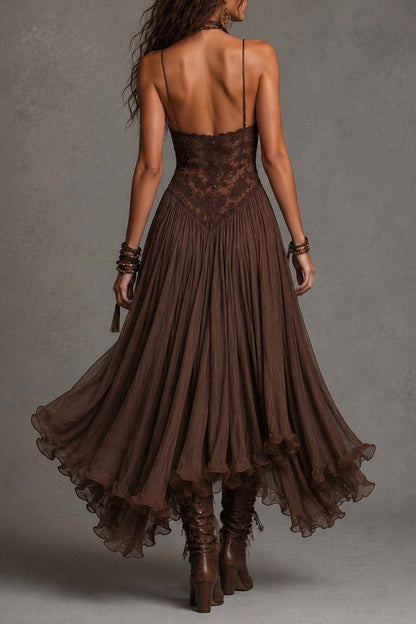 Vestido largo en gasa y encaje
