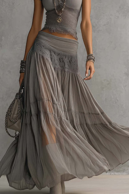 Conjunto de top de encaje y falda plisada - Gris