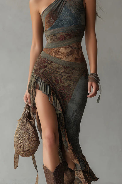 Vestido largo asimétrico estampado con abertura - Gris