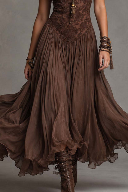 Vestido largo en gasa y encaje