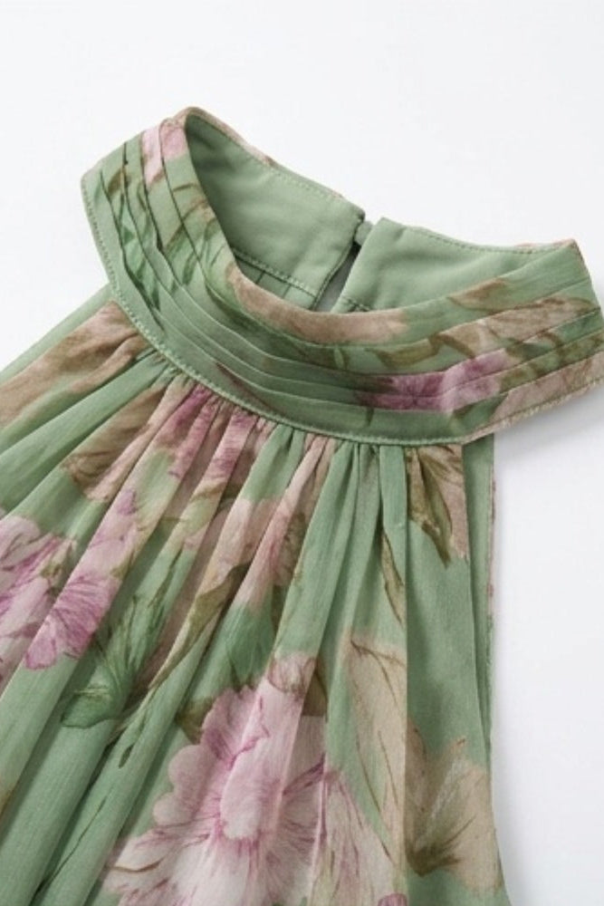 Vestido largo de gasa floral con cuello halter - Rosa