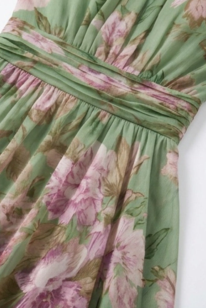 Vestido largo de gasa floral con cuello halter - Morado