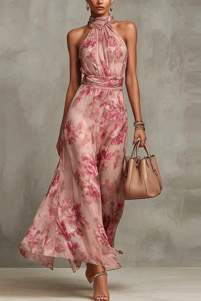 Vestido largo de gasa floral con cuello halter - Lila