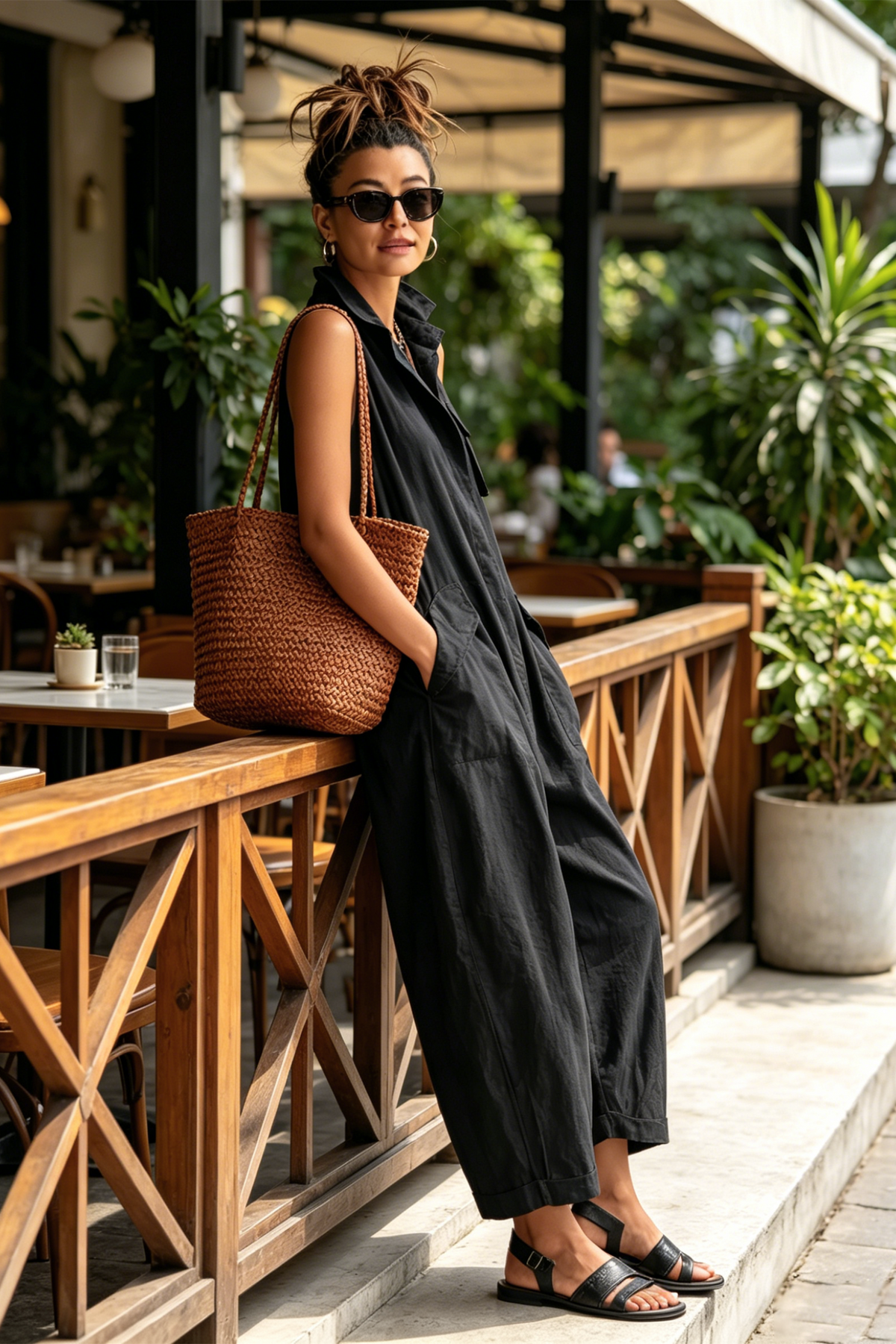 SIRA MONTERO | Mono cropped de algodón con cuello mao y pierna ancha - Negro