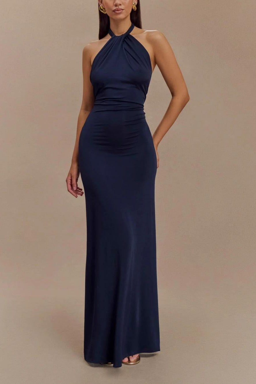 Vestido largo ajustado con cuello halter - Azul laguna