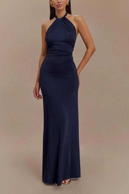 Vestido largo ajustado con cuello halter - Azul laguna