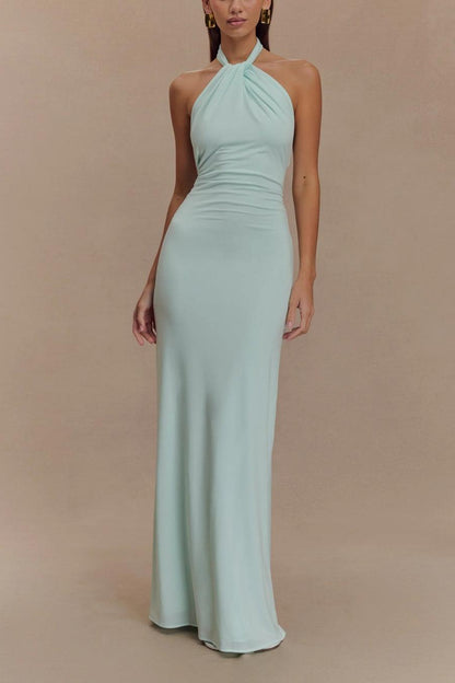 Vestido largo ajustado con cuello halter - Azul laguna