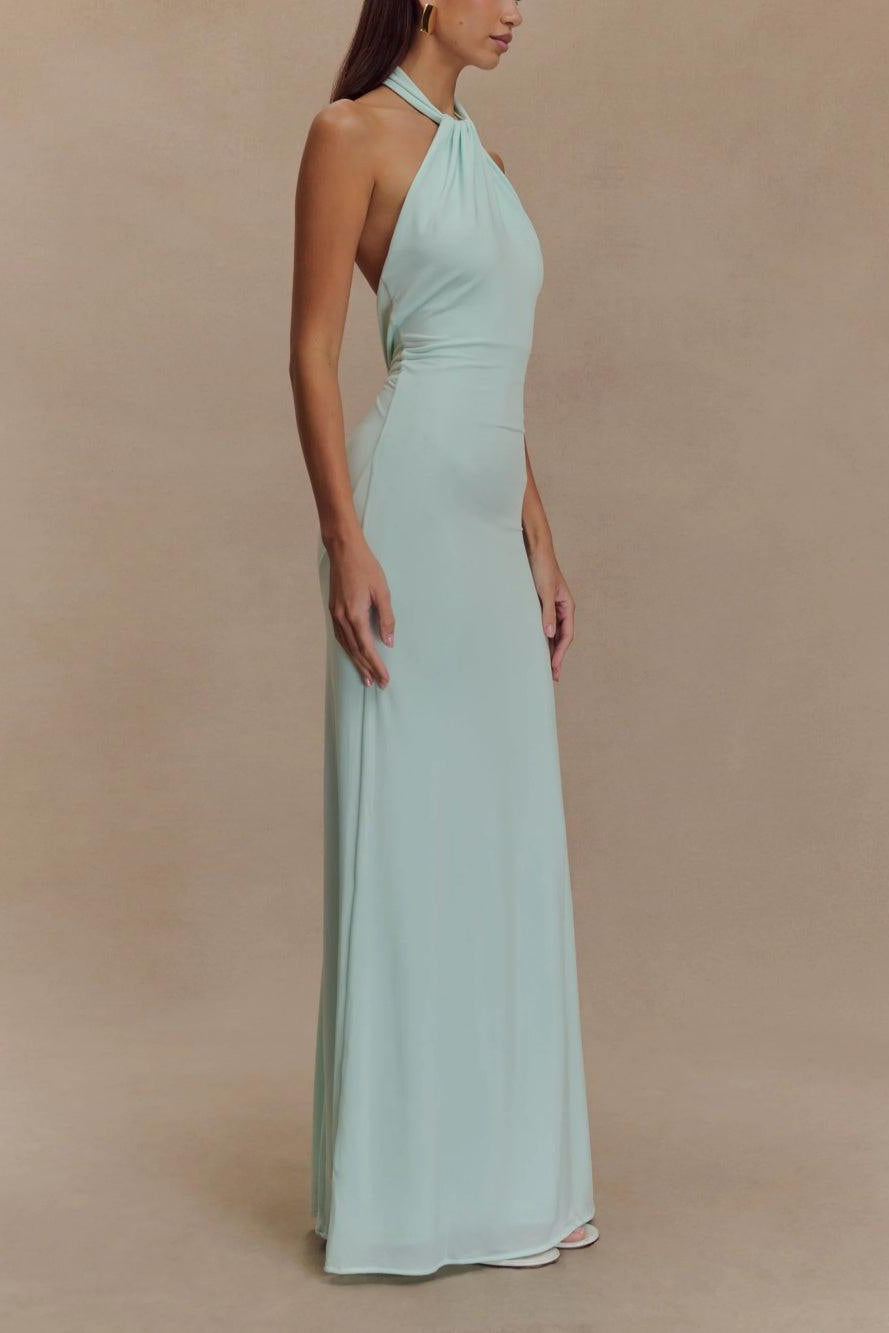 Vestido largo ajustado con cuello halter - Azul laguna