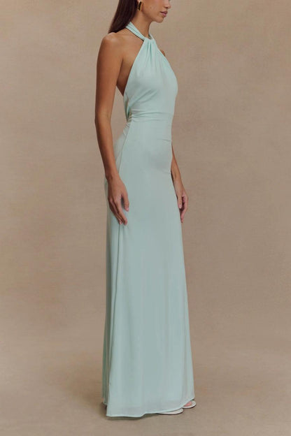 Vestido largo ajustado con cuello halter - Azul laguna