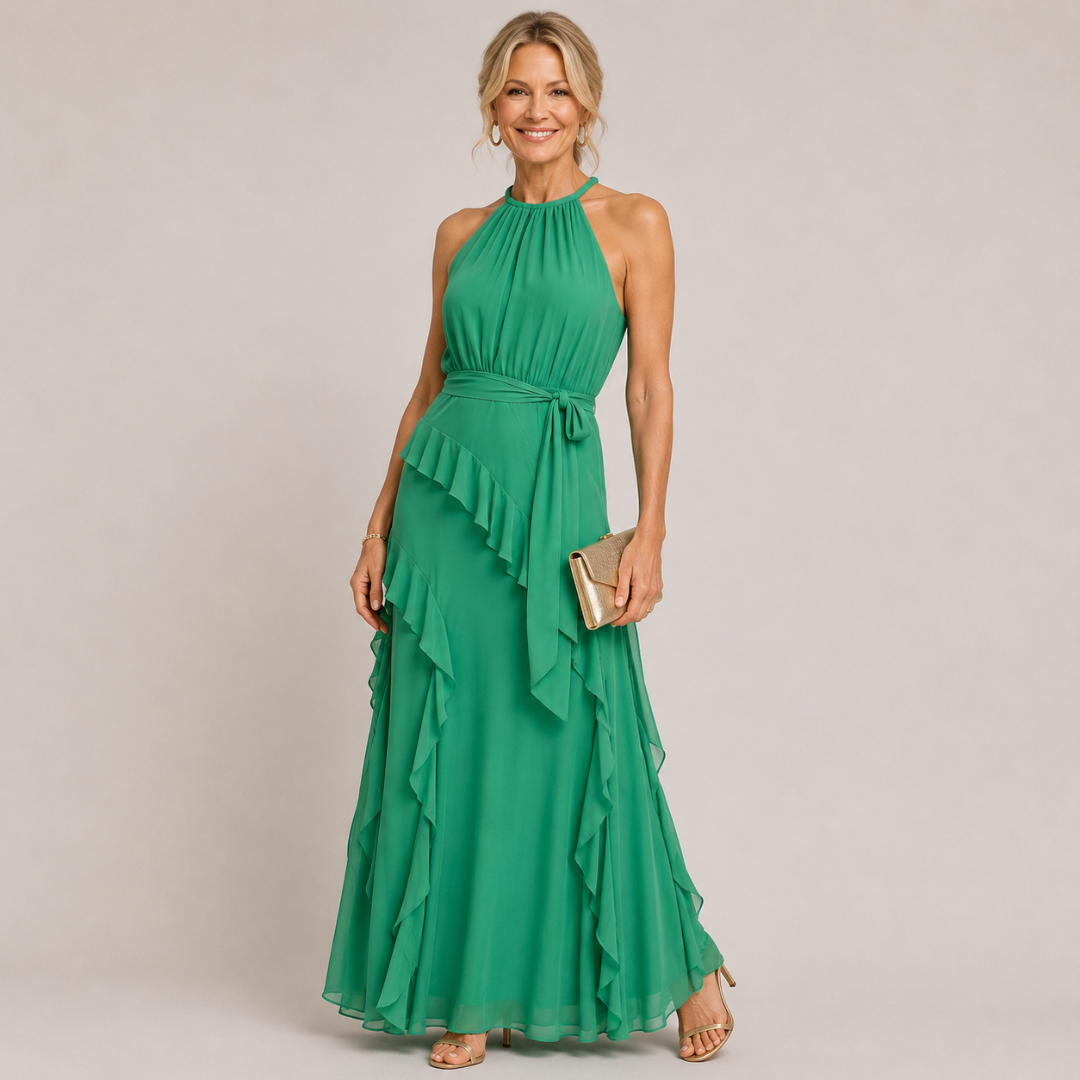 Audrey™ | Halter Neck Ruffle Maxi Dress