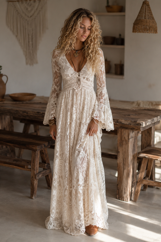 Vestido largo de encaje con mangas acampanadas
