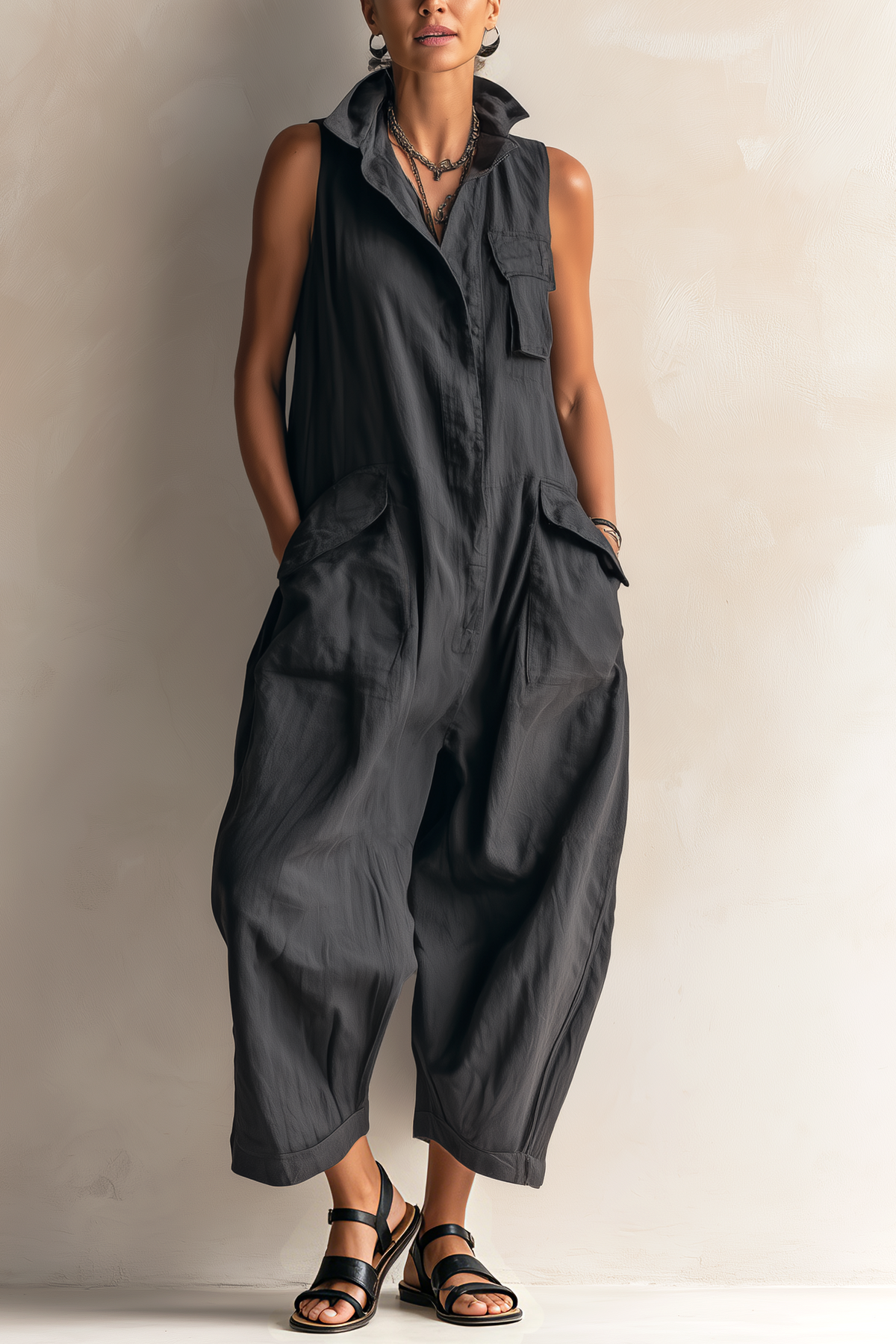SIRA MONTERO | Mono cropped de algodón con cuello mao y pierna ancha - Negro