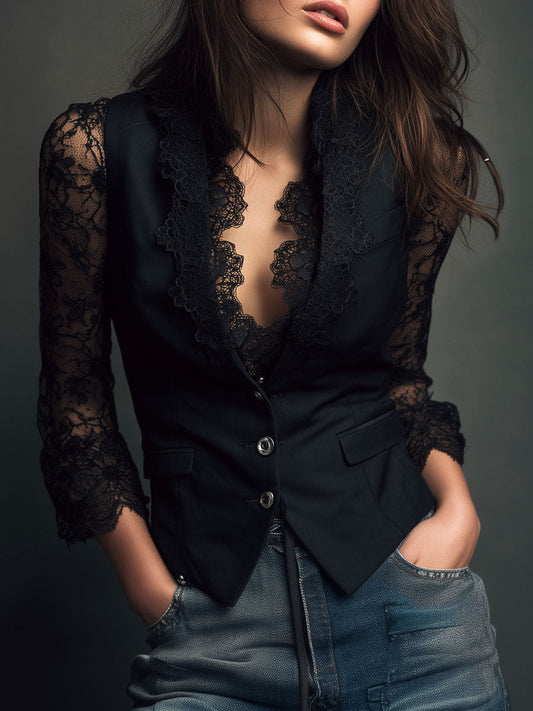 Top blazer con mangas semitransparentes en negro de Sira Montero