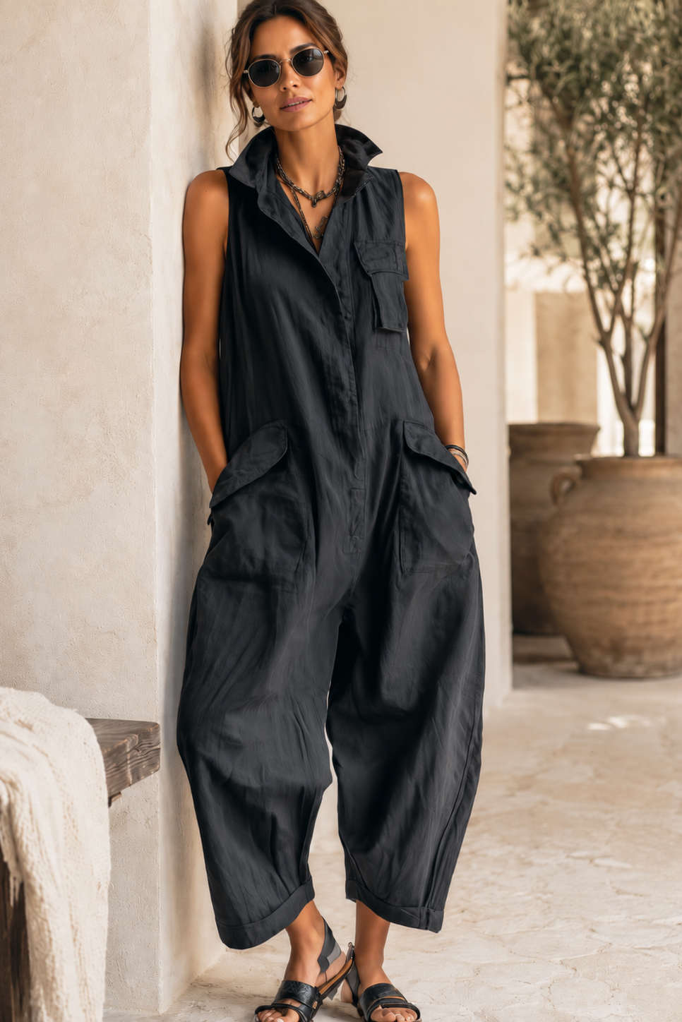 SIRA MONTERO | Mono cropped de algodón con cuello mao y pierna ancha - Negro