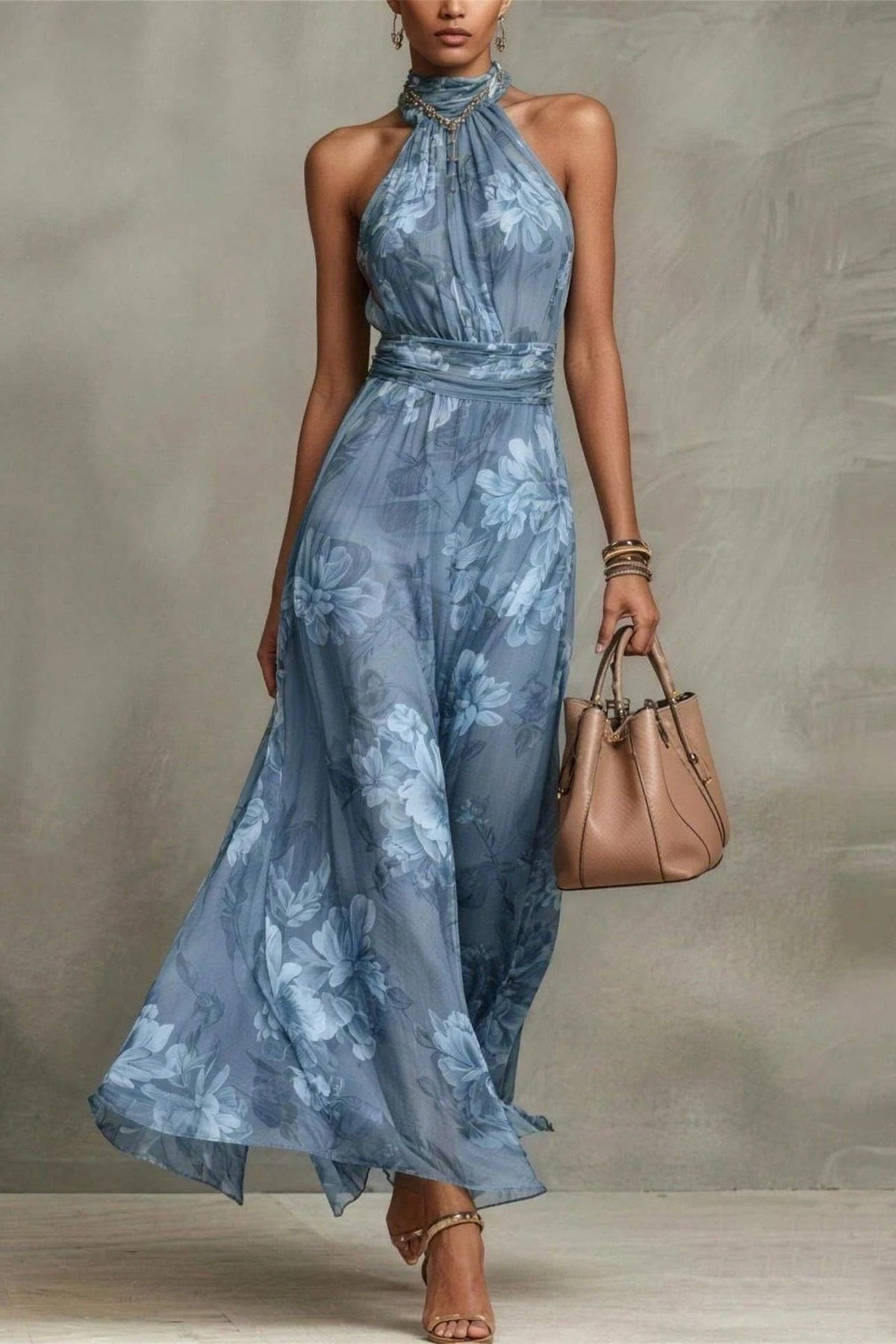 Vestido largo de gasa floral con cuello halter - Lila