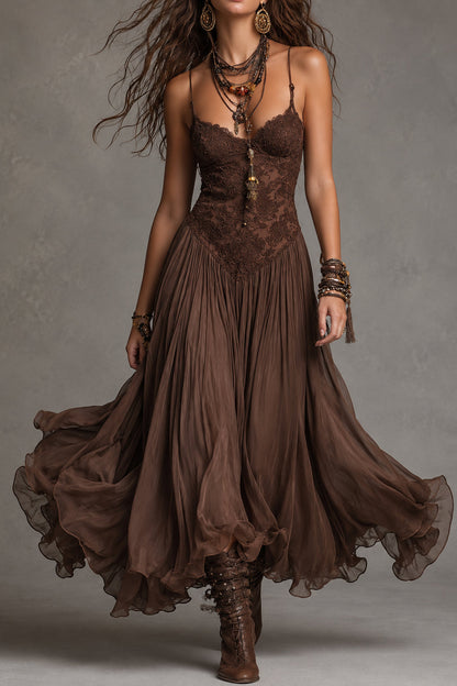 Vestido largo en gasa y encaje
