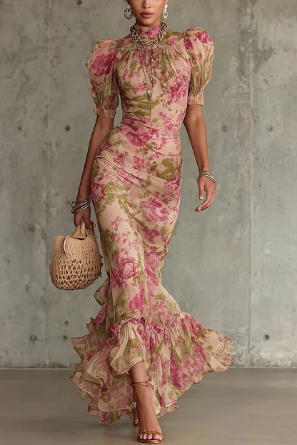 Vestido largo de rosas con manga abullonada - Rosa