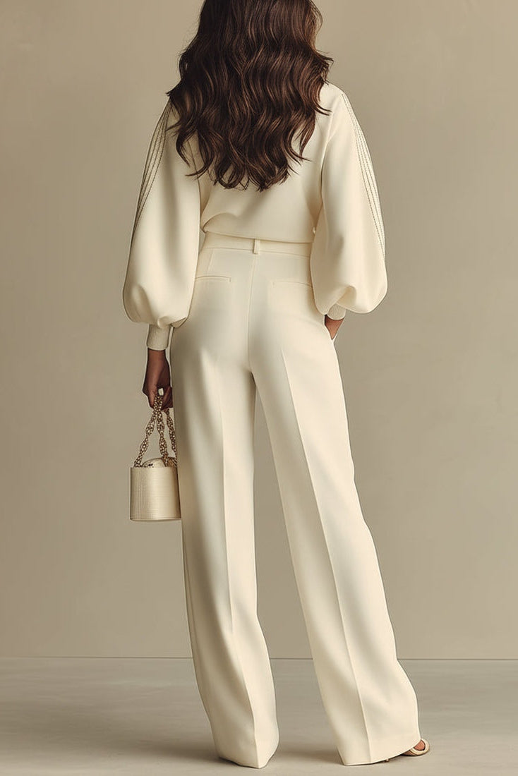 Conjunto de top de canalé y pantalón de pierna ancha - Marfil