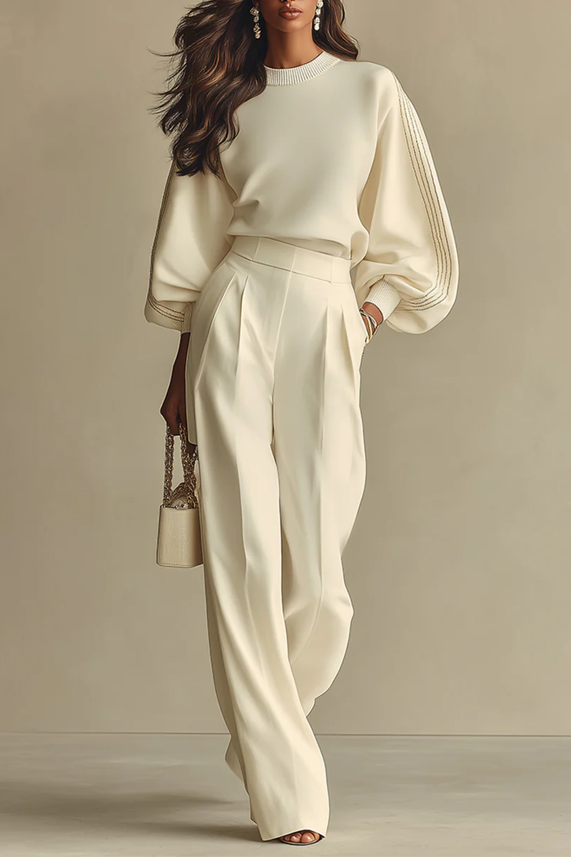 Conjunto de top de canalé y pantalón de pierna ancha - Marfil