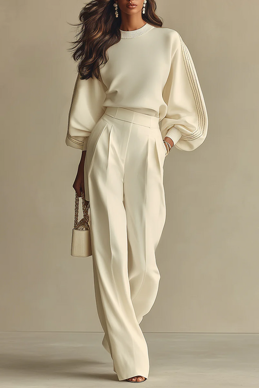 Conjunto de top de canalé y pantalón de pierna ancha - Marfil