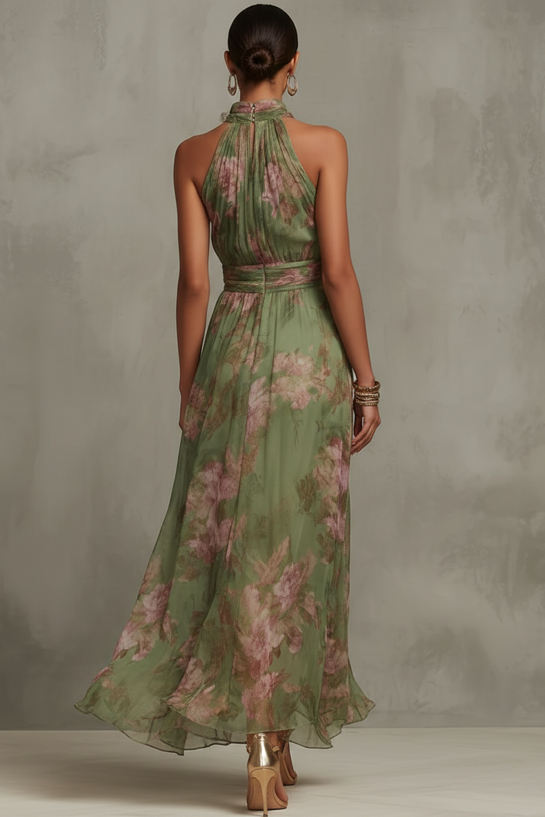 Vestido largo de gasa floral con cuello halter - Verde