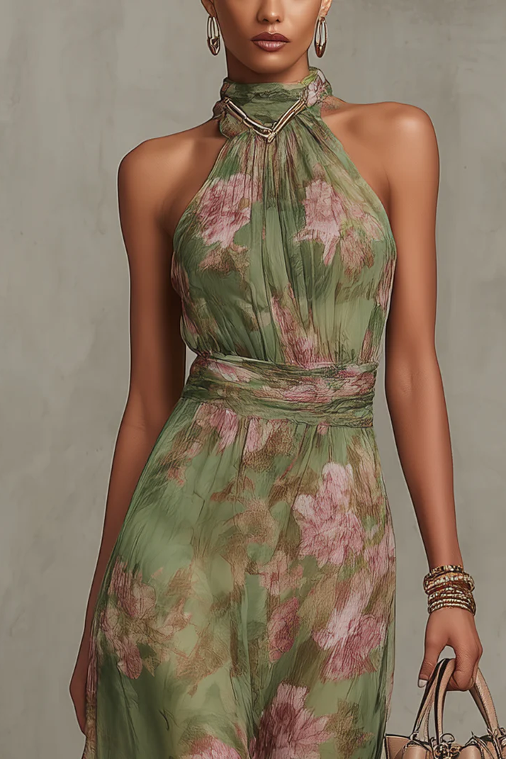 Vestido largo de gasa floral con cuello halter - Verde