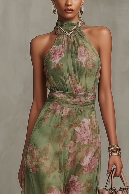 Vestido largo de gasa floral con cuello halter - Verde