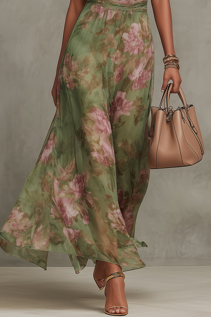 Vestido largo de gasa floral con cuello halter - Verde