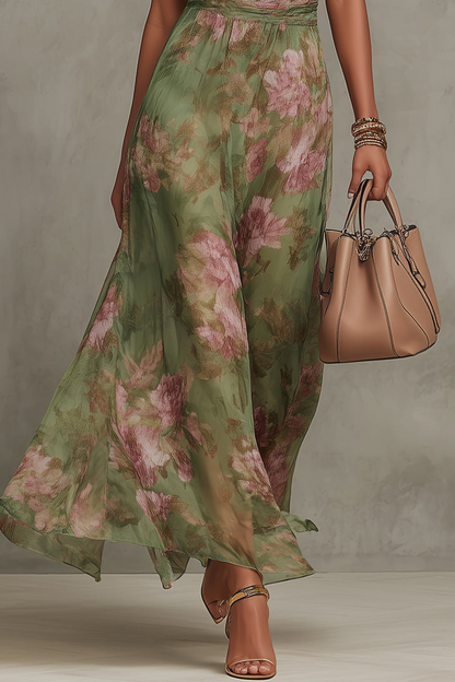 Vestido largo de gasa floral con cuello halter - Verde