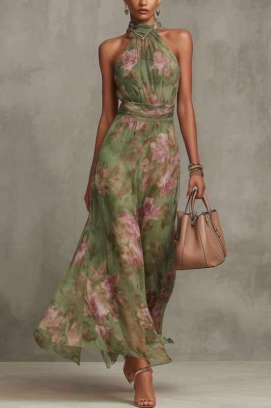 Vestido largo de gasa floral con cuello halter - Verde