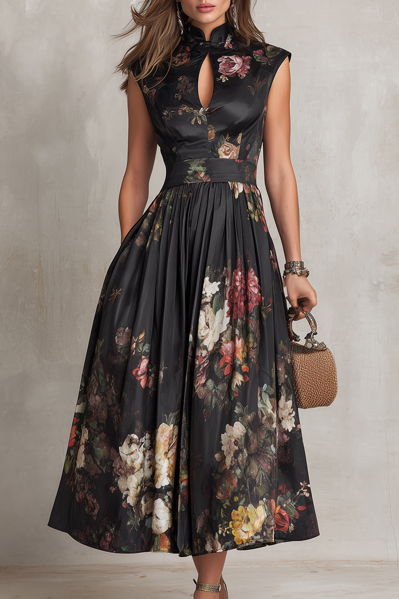 Vestido midi de satén plisado floral - Negro