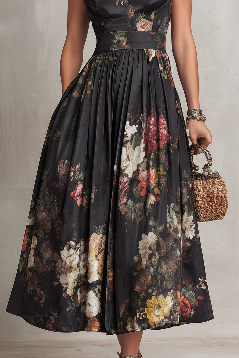 Vestido midi de satén plisado floral - Negro