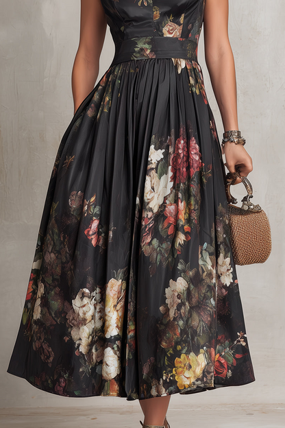 Vestido midi de satén plisado floral - Negro