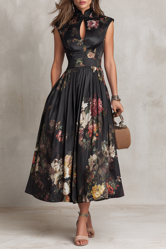 Vestido midi de satén plisado floral - Negro