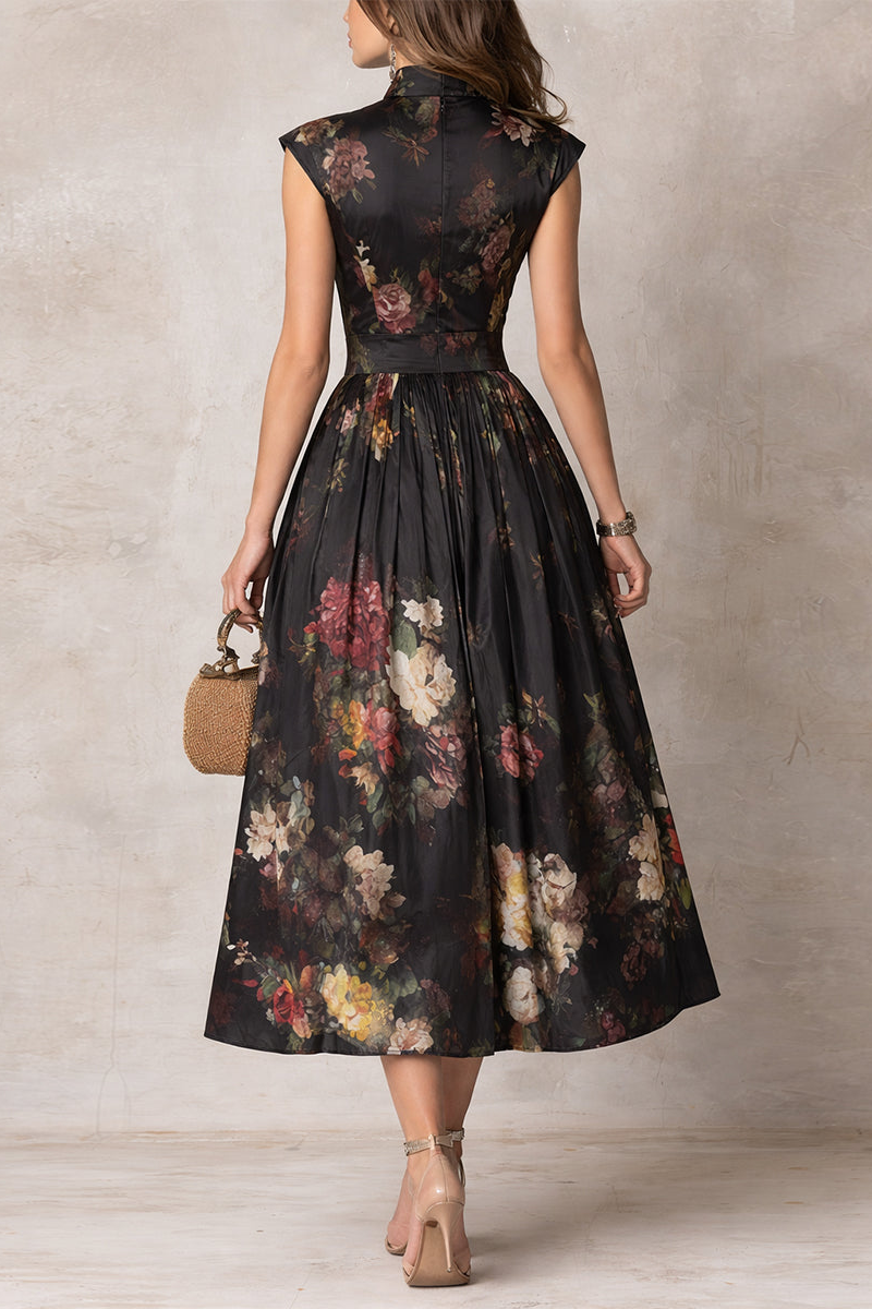 Vestido midi de satén plisado floral - Negro