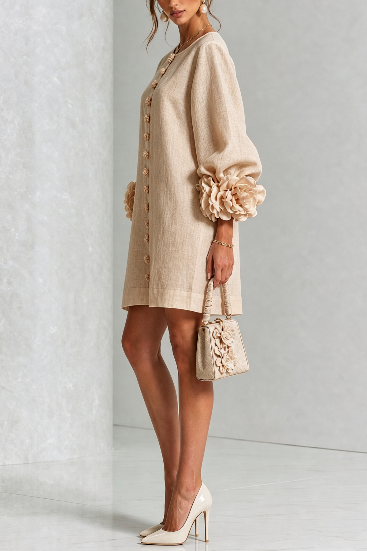 SIRA MONTERO | Vestido mini de lino con puños anudados y botones florales - Beige