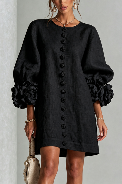 SIRA MONTERO | Vestido mini de lino con puños anudados y botones florales - Negro