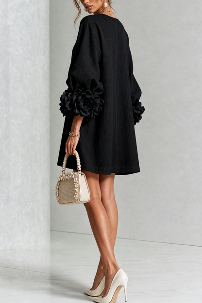 SIRA MONTERO | Vestido mini de lino con puños anudados y botones florales - Negro