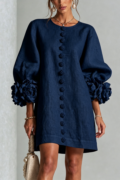 SIRA MONTERO | Vestido mini de lino con puños anudados y botones florales - Azul marino