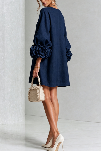 SIRA MONTERO | Vestido mini de lino con puños anudados y botones florales - Azul marino