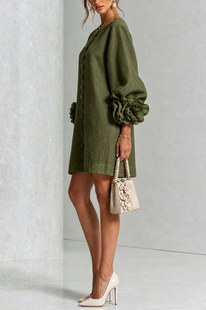 SIRA MONTERO | Vestido mini de lino con puños anudados y botones florales - Verde oliva
