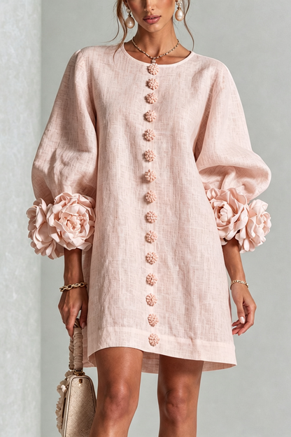 SIRA MONTERO | Vestido mini de lino con puños anudados y botones florales - Rosa