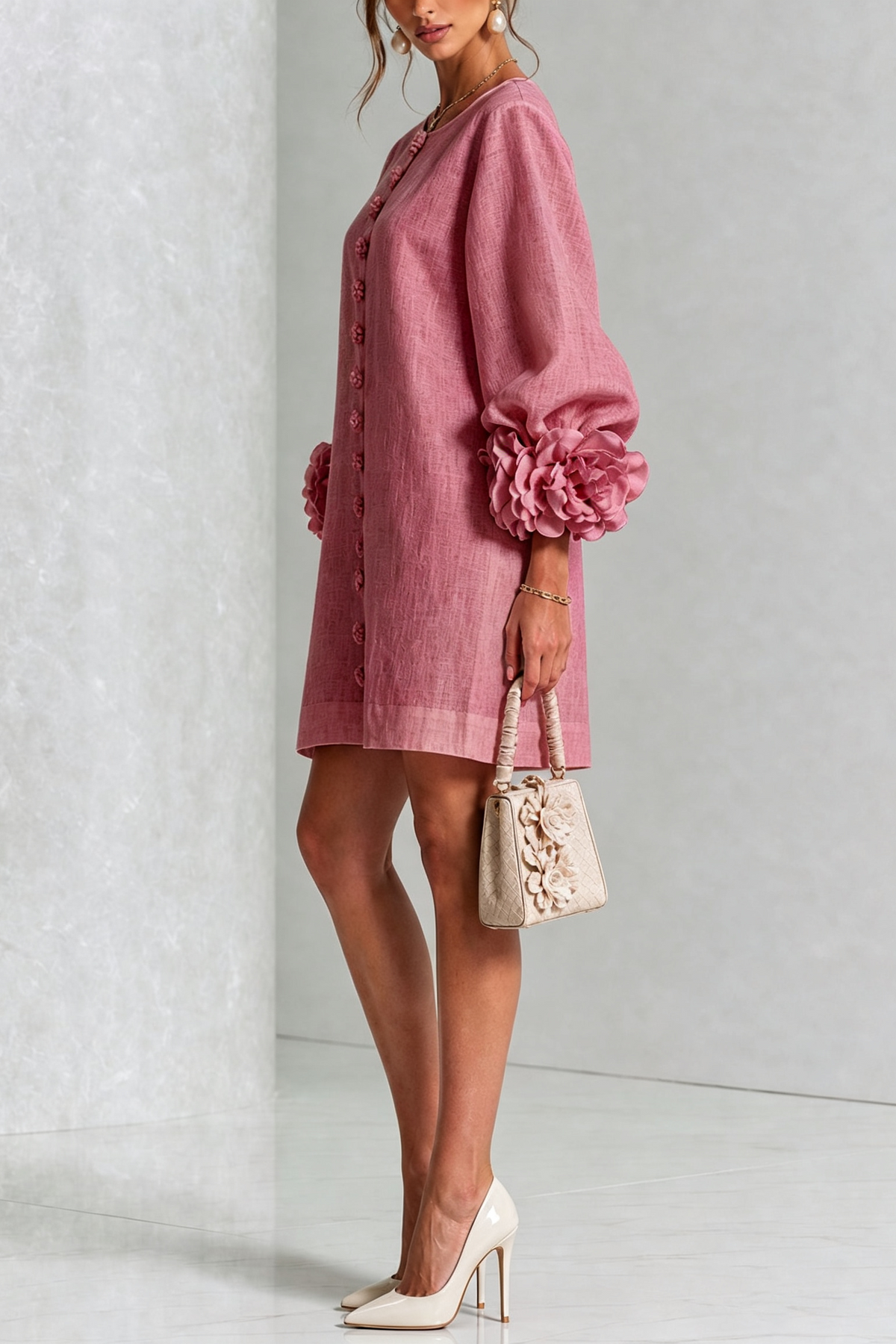 SIRA MONTERO | Vestido mini de lino con puños anudados y botones florales - Rosa antiguo