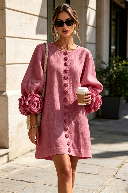 SIRA MONTERO | Vestido mini de lino con puños anudados y botones florales - Rosa antiguo