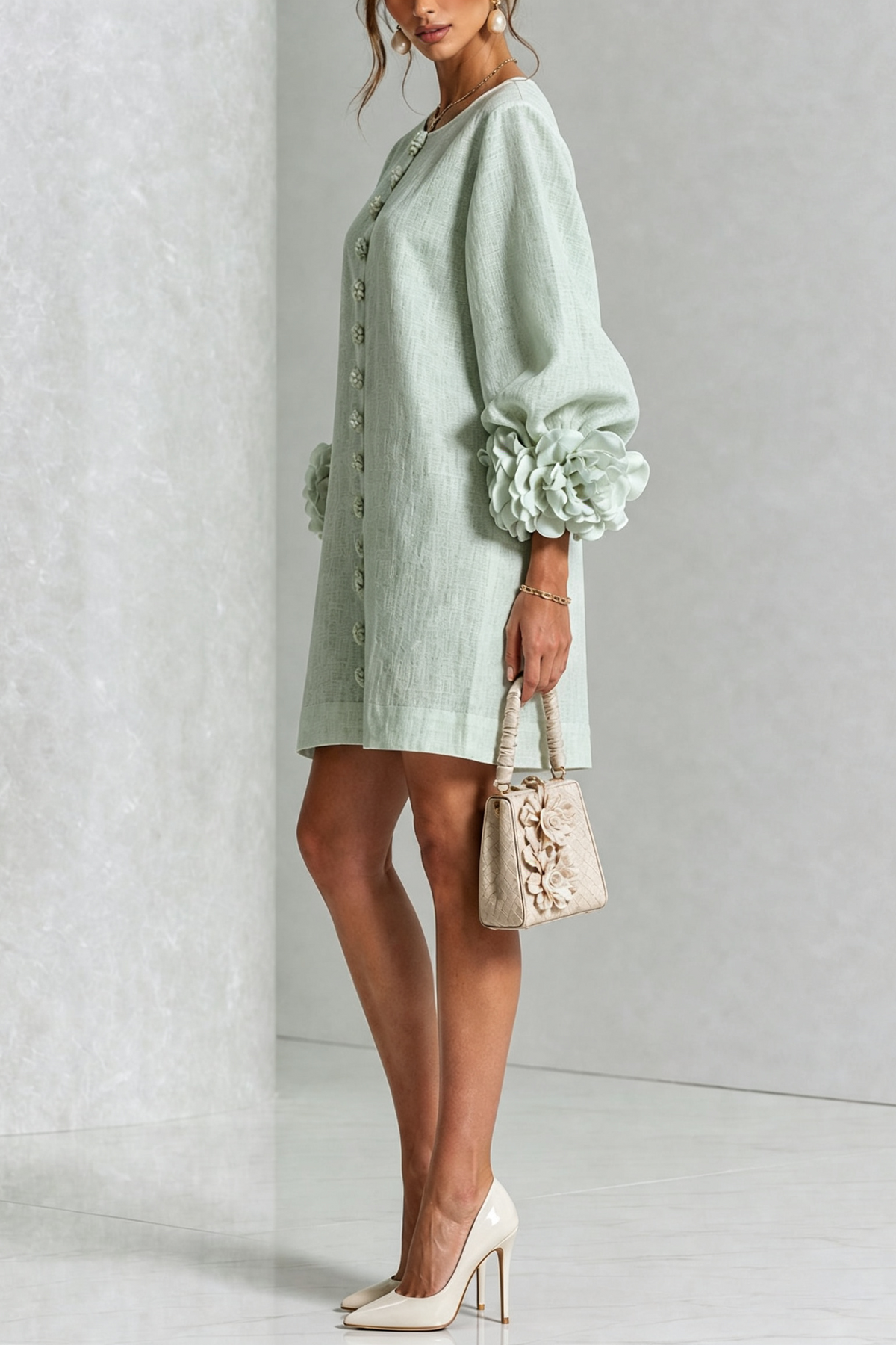 SIRA MONTERO | Vestido mini de lino con puños anudados y botones florales - Verde salvia