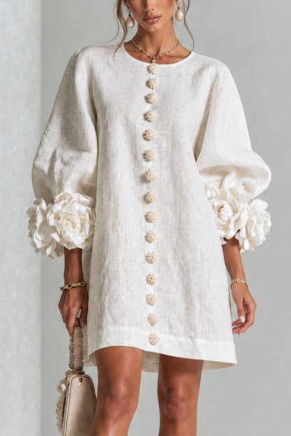 SIRA MONTERO | Vestido mini de lino con puños anudados y botones florales - Blanco